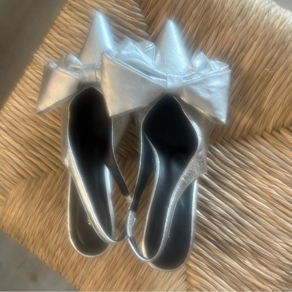 Silver Slingback Heels with Bow- Anine Bing- never worn